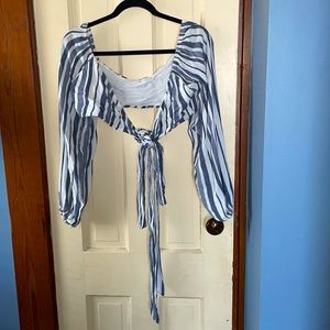 Super Down Blue and Whit Striped Tie Up Top